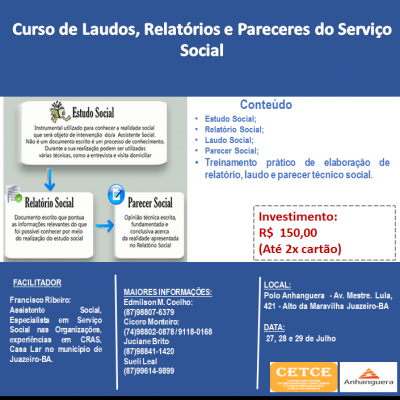 Curso Laudos, Relatórios e Pareceres do Serviço Social