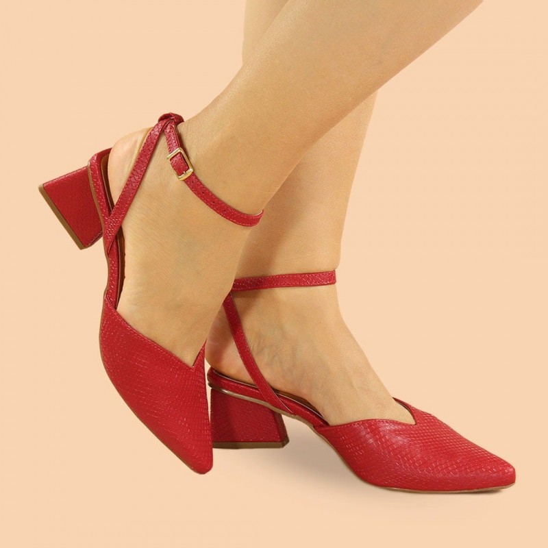 Scarpin Feminino vermelho Bico Fino Mule Salto  - Ita Saltos Boutique - Triângulo Linha Confort