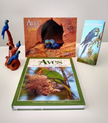 KIT: LIVRO AVES DO ESTADO DE MINAS GERAIS, CALENDÁRIO 2021 AVES BRASILEIRAS, GUIA AVES DA CAATINGA E  TRIO DE ARARA DE  LEAR NO GALHO