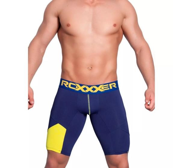 Lançamento - Bermuda Cueca Compressão Roxxxer Long Leg Aumenta Volume Azul/Amarelo