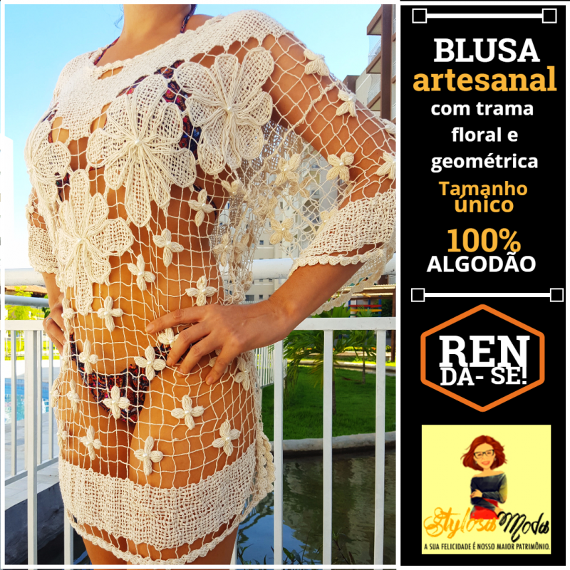 Blusa Confeccionada a mão estilo Túnica BRANCA E LINHO CRÚ