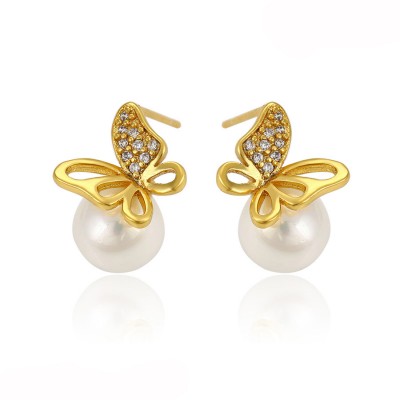 Brinco de perola folheado ouro com  zirconia - 92938