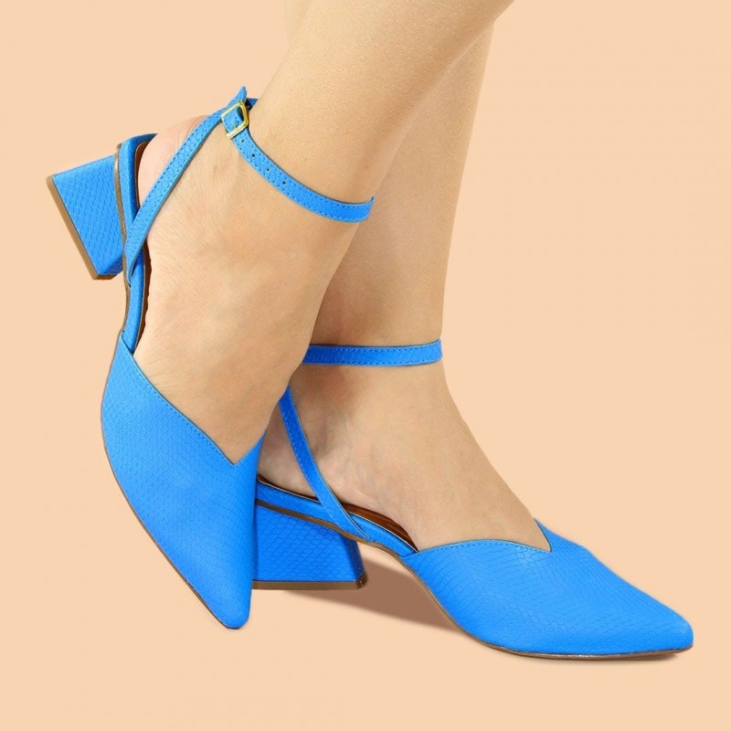 Scarpin Feminino azul Bico Fino Mule Salto  - Ita Saltos Boutique - Triângulo Linha Confort
