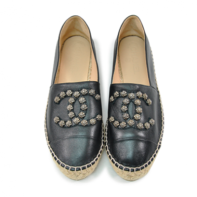 Chanel Espadrilles CC Camellia Black Lambskin Leather