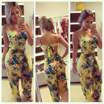 Macacão Longo Calça e Camiseta Conjunto Floral Amarelo