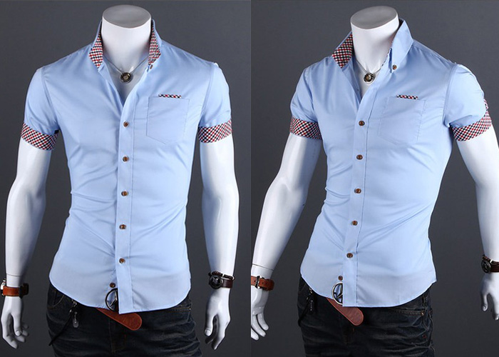 Camisa Slim Fit Manga Curta Detalhe no Bolso e Mangas