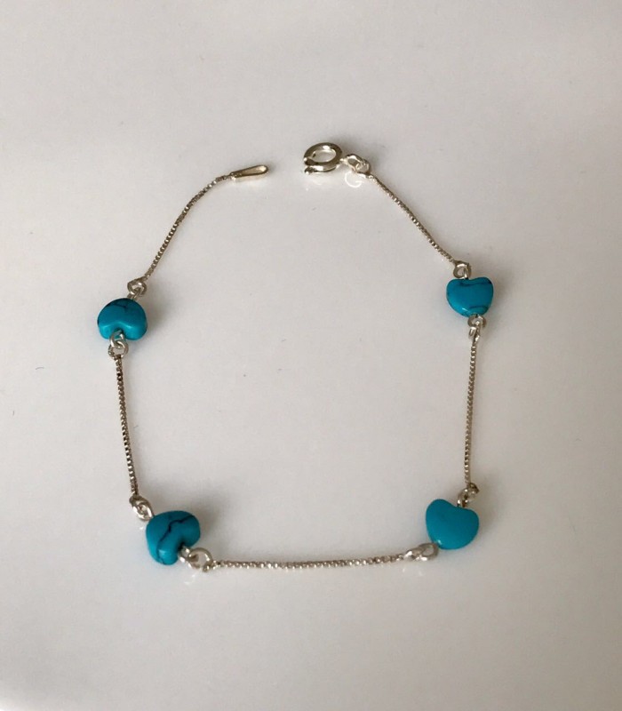 Pulseira prata com corações turqueza
