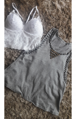 Regata Pedraria cinza  + Top renda branco