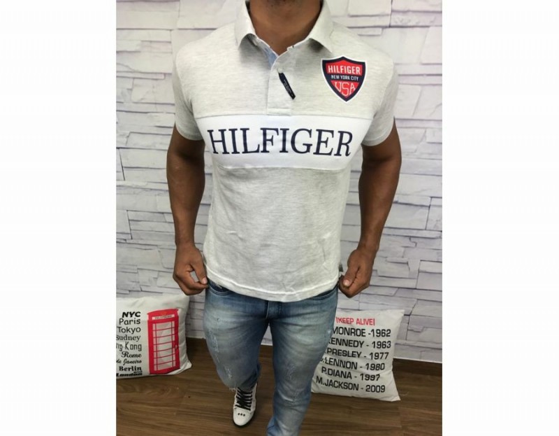 POLO TOMMY HILFIGER - CINZA CLARO/VERMELHO