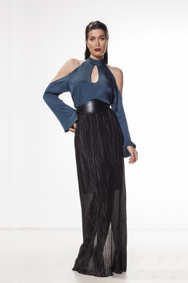 BLUSA GOLA ALTA COM OMBROS À MOSTRA AZUL INDIGO - CREPE GIVENCHY