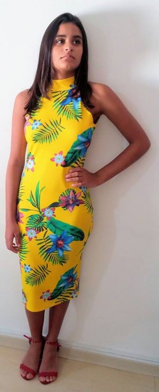 Vestido amarelo estampado de suplex, Tam único