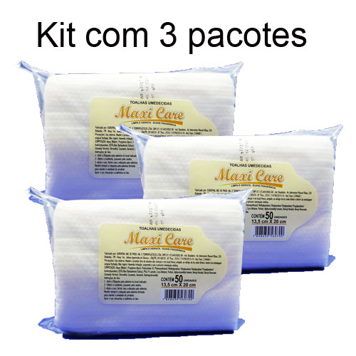 Kit Lenço umedecido com 3 pacotes de 50 unidades - Maxi Care