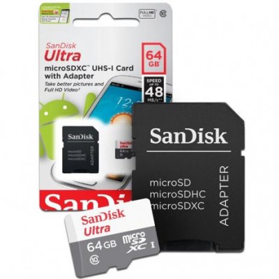 Cartão de memoria 64gb micro sd com adapt cl10 48mb/s sdsqunb-064g sandisk ultra - Sandisk