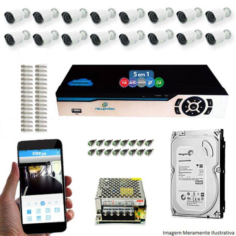 Kit Cftv 16 Câmeras Ahd-m 720p Dvr 16 Canais Newprotec Jortan 5 Em 1 Full Hd + Hd 1 Tb